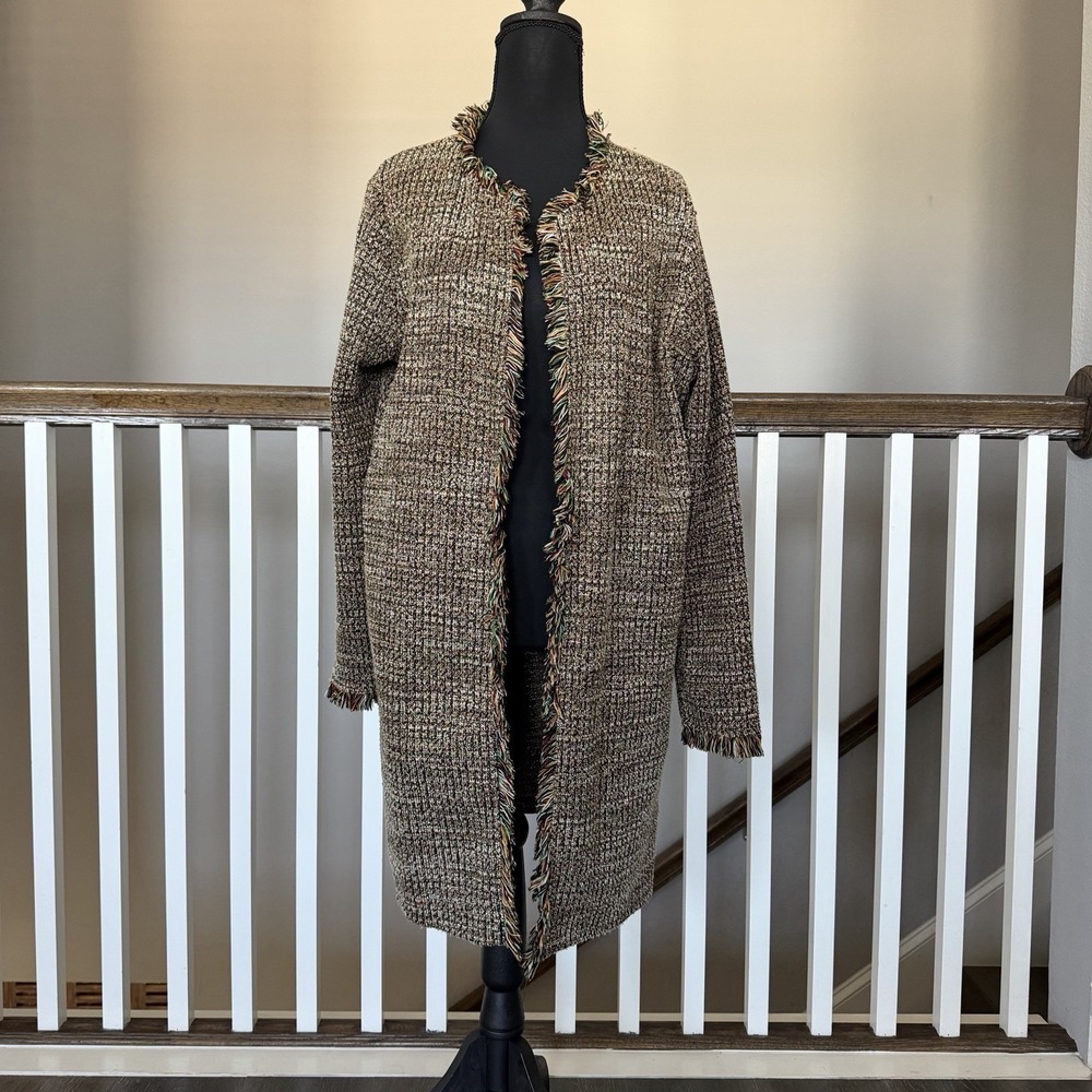 ZARA Basic Tweed Fringe Jacket Multicolor Bouclé Open Front Womens Medium Indie